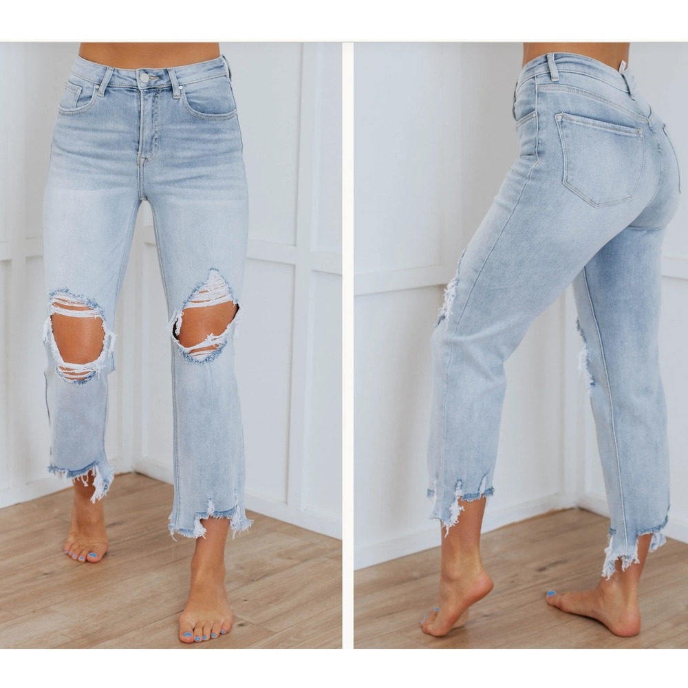 Risen Rudy Jeans Wide Leg Size 7 28 Light Distressed Raw Hem High Rise Denim